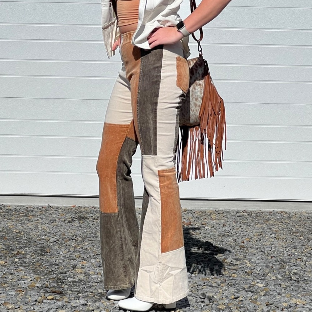 Patchwork Corduroy Flare Pants | Boho Western Colorblock High Rise